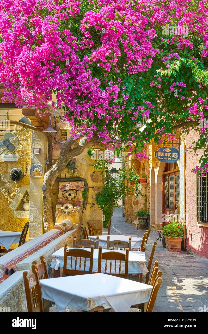 Restaurant in der Altstadt von Chania, blühende Blumen, Insel Kreta, Griechenland Stockfoto