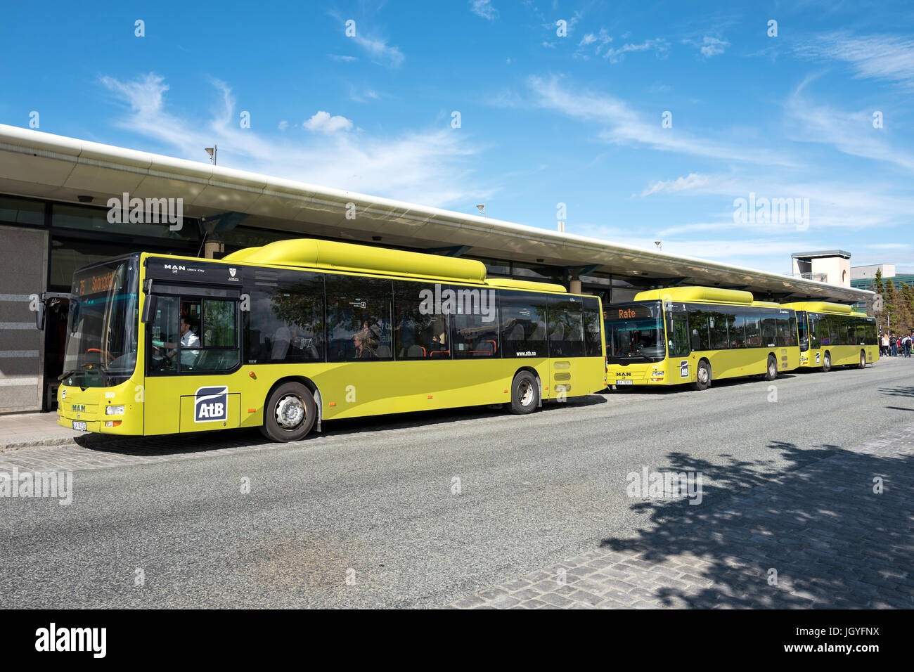 Gasbetriebene MAN Lion City Busse von AtB Haltestelle Sentralstasjon in Trondheim. Trondheim ist die Stadt in Norwegen, mit der meisten Gas-Busse in Betrieb. Stockfoto