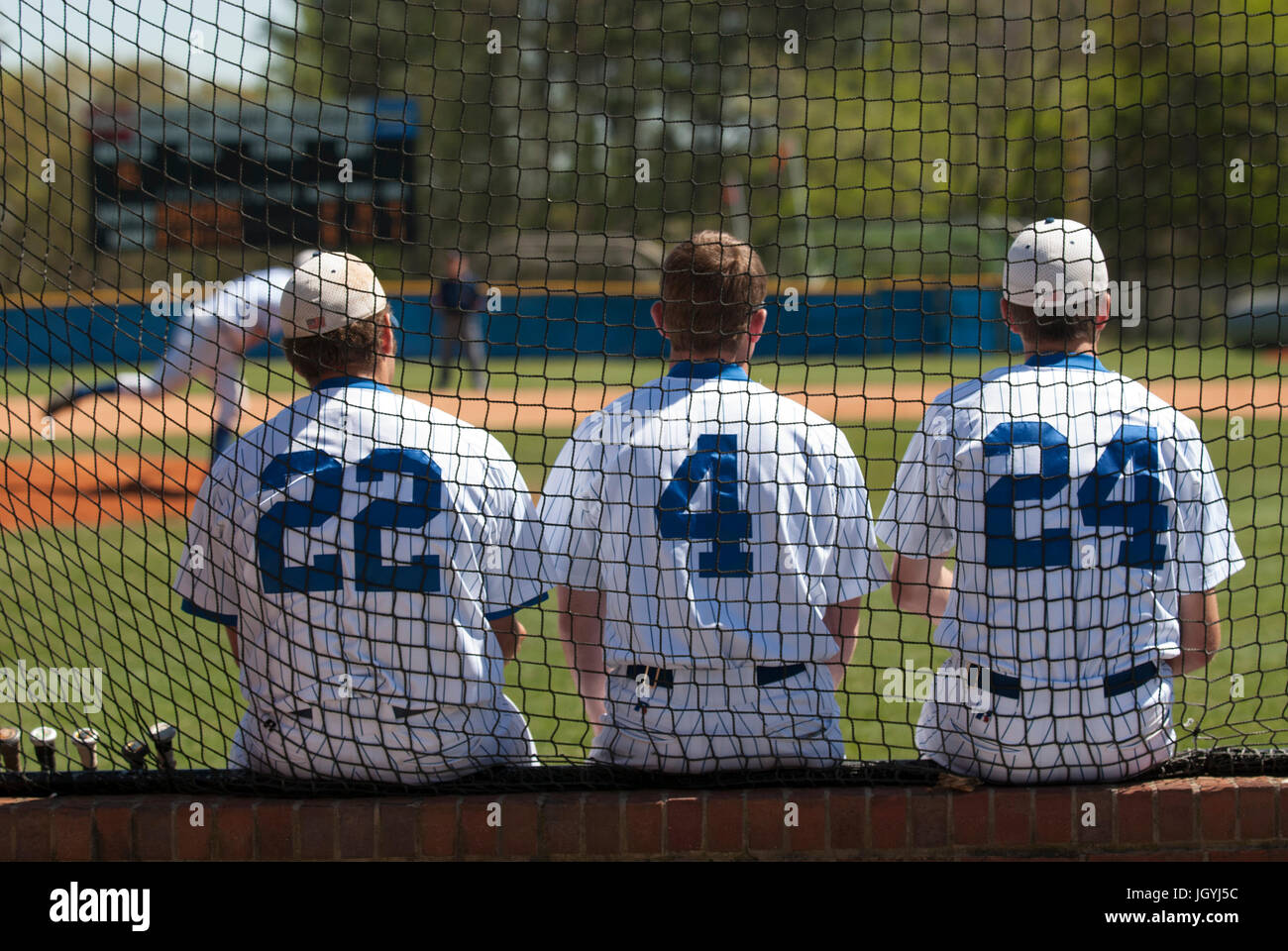 Drei Baseball-Spieler auf einer Bank an einem College-Baseball-Spiel beobachten den Krug. Stockfoto