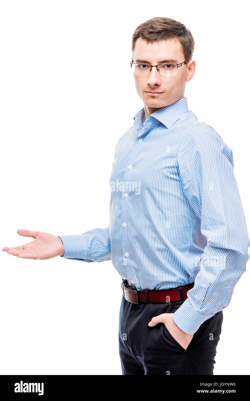 Der Chef zeigt seine Hand zur Seite, der Raum auf der linken Seite isoliert ist Stockfoto