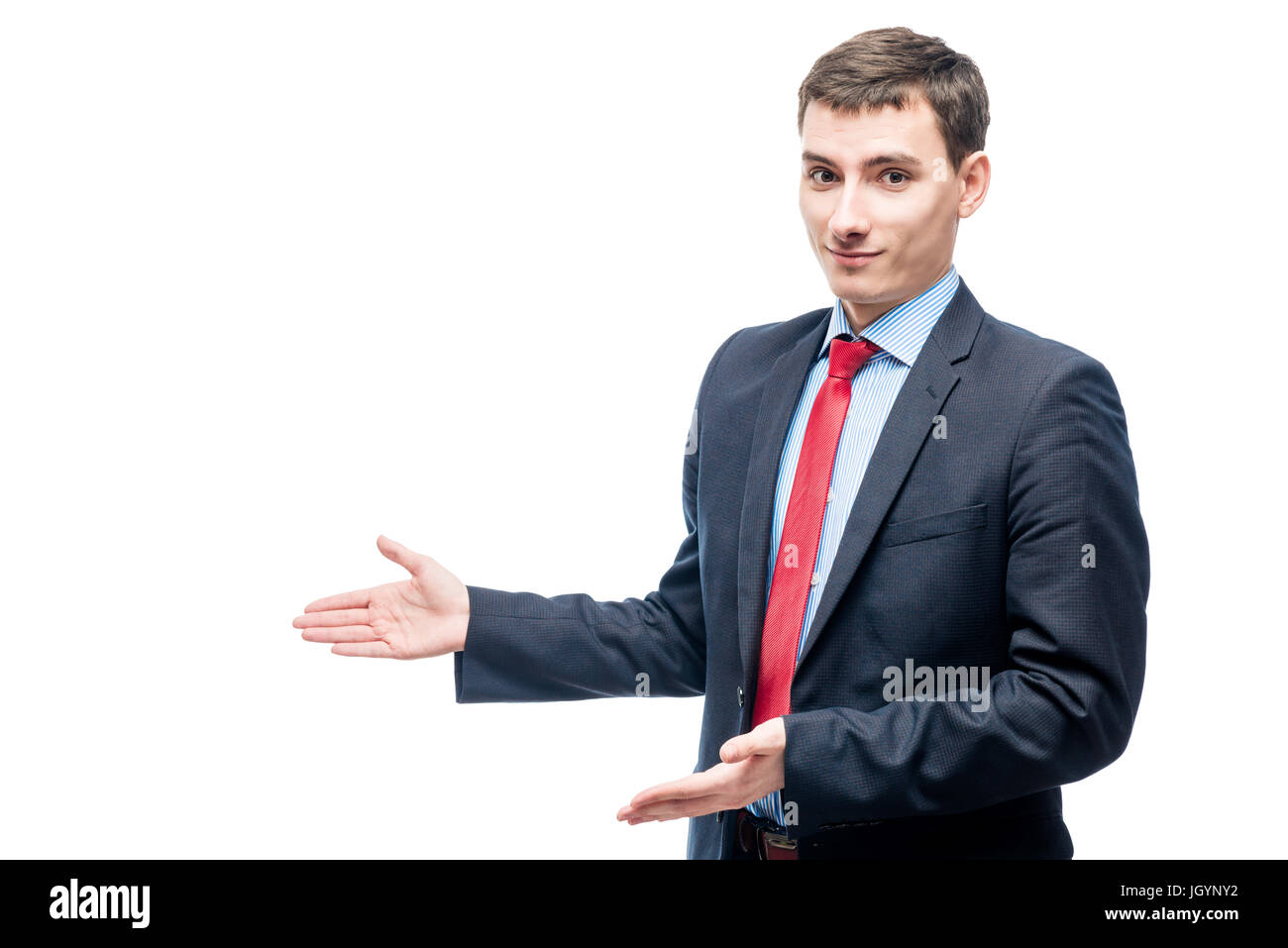 Junge Unternehmer stellt Raum auf der linken, Platz für die Eintragung Stockfoto