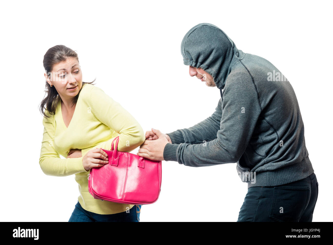 Mädchen mit Rosa Tasche wurde ein Opfer der Räuber, ein Portrait auf weißem Hintergrund Stockfoto