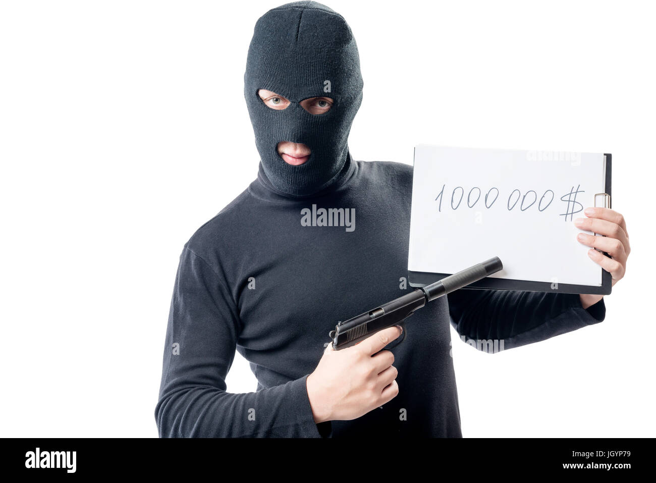 Ein Verbrecher mit einer Pistole verlangt eine Lösegeld von $ 1000000 Stockfoto