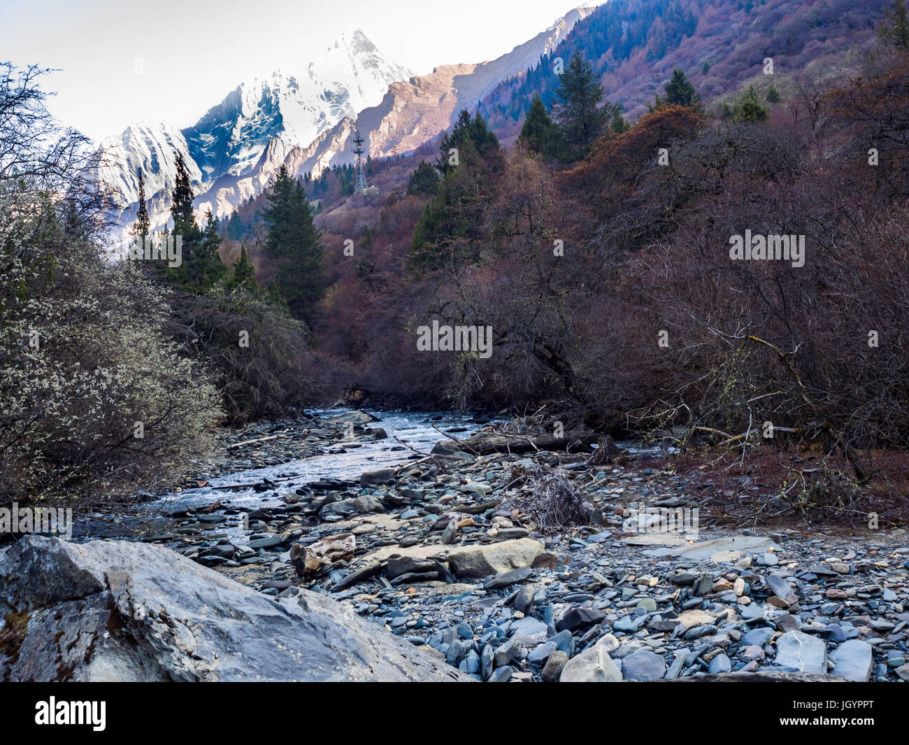 Blick auf Schneeberg und Bächlein in Siguniang Nationalpark, Sichuan, China Stockfoto