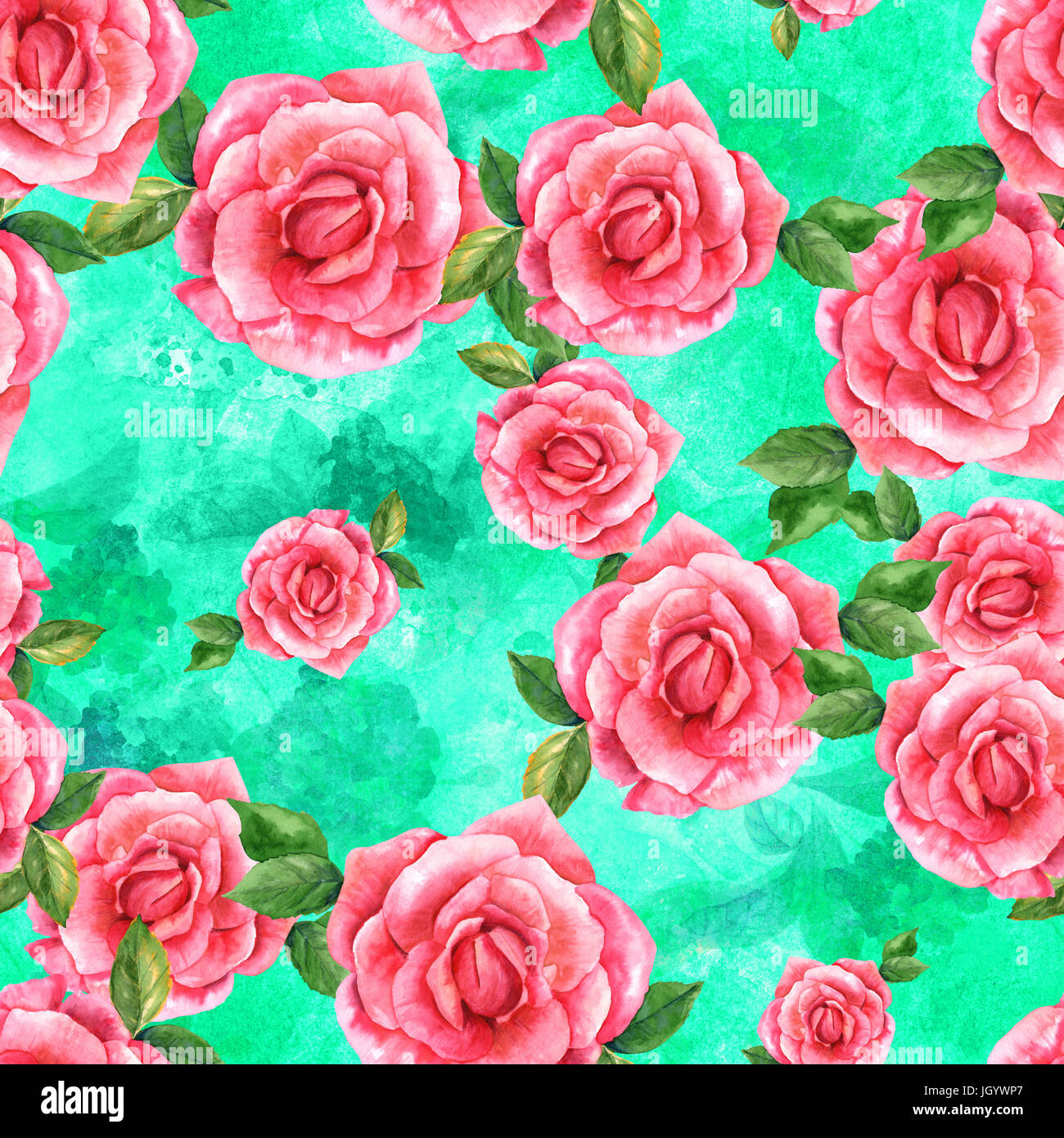 Ein nahtloses Muster mit einem Aquarell Zeichnung einer blühenden rosa rose, Hand bemalt auf lebendige Teal Hintergrund mit organischen Drucke im Stil der vint Stockfoto