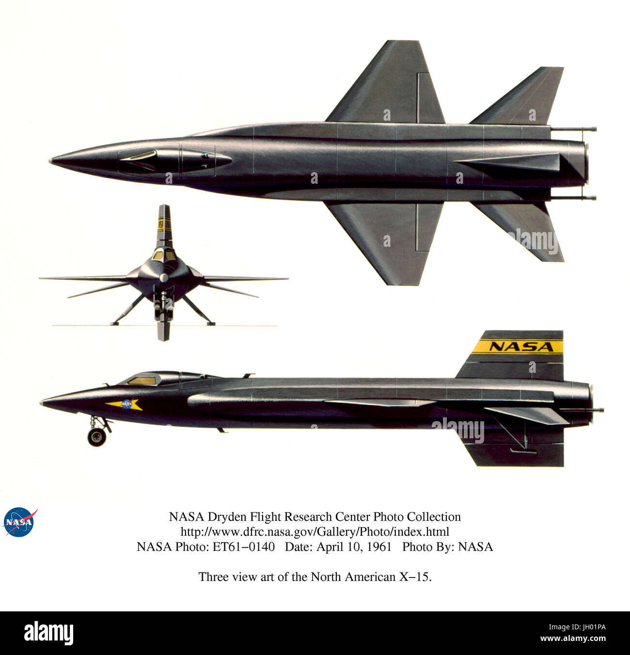 Drei Anzeigen Kunst von der North American x-15... 4/10/61.an inoffizielle Motto des Flug-Forschung in den 1940er und 1950er Jahren war "höher und schneller." In den späten 1950er Jahren war die letzte Grenze dieses Ziels Hyperschallflug (Mach 5 +) an den Rand des Weltraums. Es wäre einen großen Sprung in Luftfahrttechnik, Lebenserhaltungssystemen und Flugplanung erforderlich. Das North American x-15 Raketenflugzeug wurde gebaut, um diese Herausforderung zu meistern. Es wurde entwickelt, um bei Geschwindigkeiten bis Mach 6 und Höhen fliegen bis zu 250.000 ft. Das Flugzeug ging auf eine Höchstgeschwindigkeit von Mach 6,7 und eine Gipfelhöhe von 354.200 ft man es erreichen Stockfoto