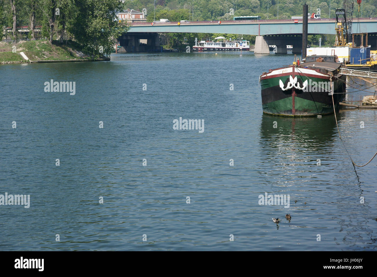 Boot, Fluss, Quais de Seine, US-Billancourt, Hauts-de-Seine (92), Île-de-France, Frankreich Stockfoto