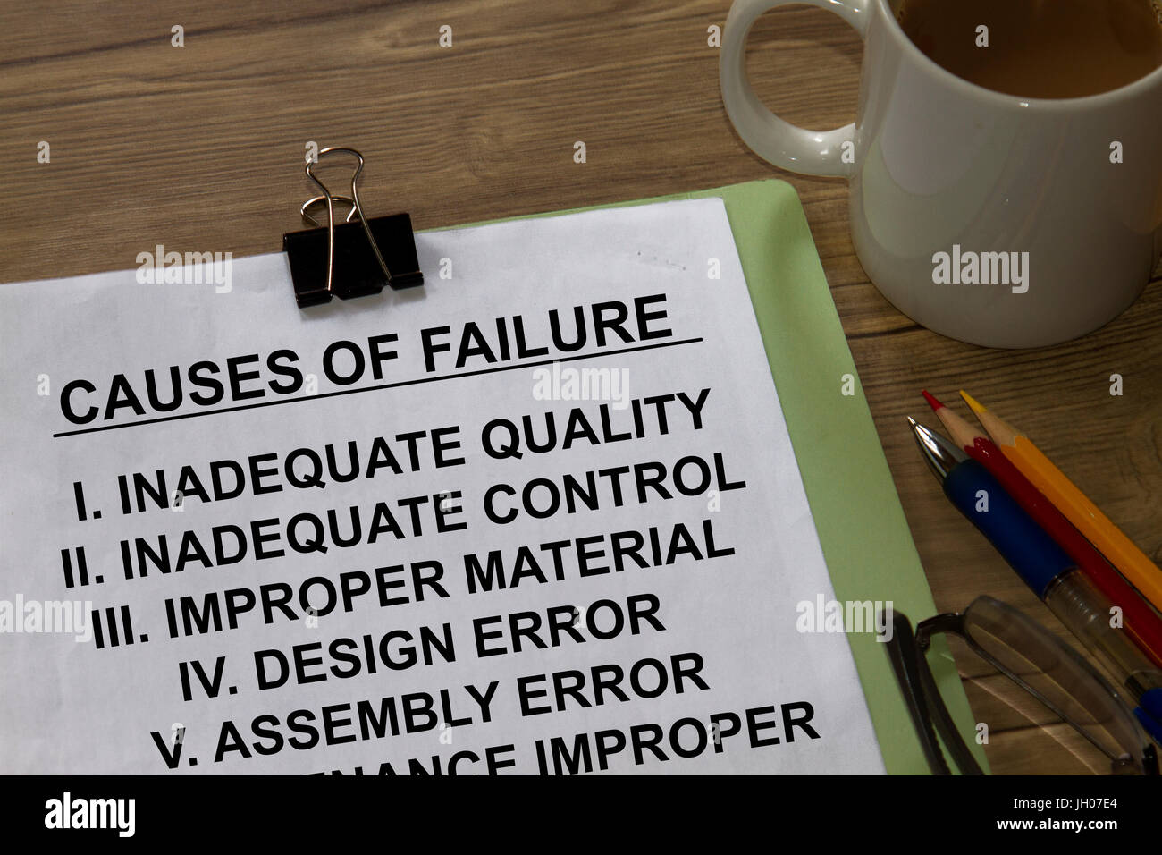 Ursachen des Scheiterns in eine Belegseite Präsentation. Stockfoto