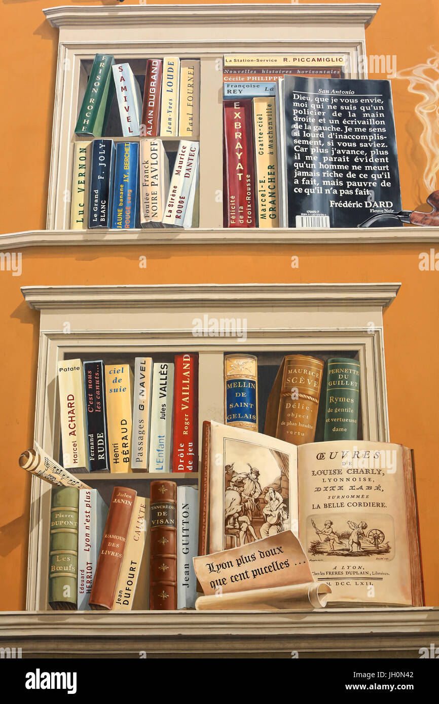 Fresko der Schriftsteller. Die Bibliothek der Stadt. Die Platiere Straße. Lyon. Frankreich. Stockfoto