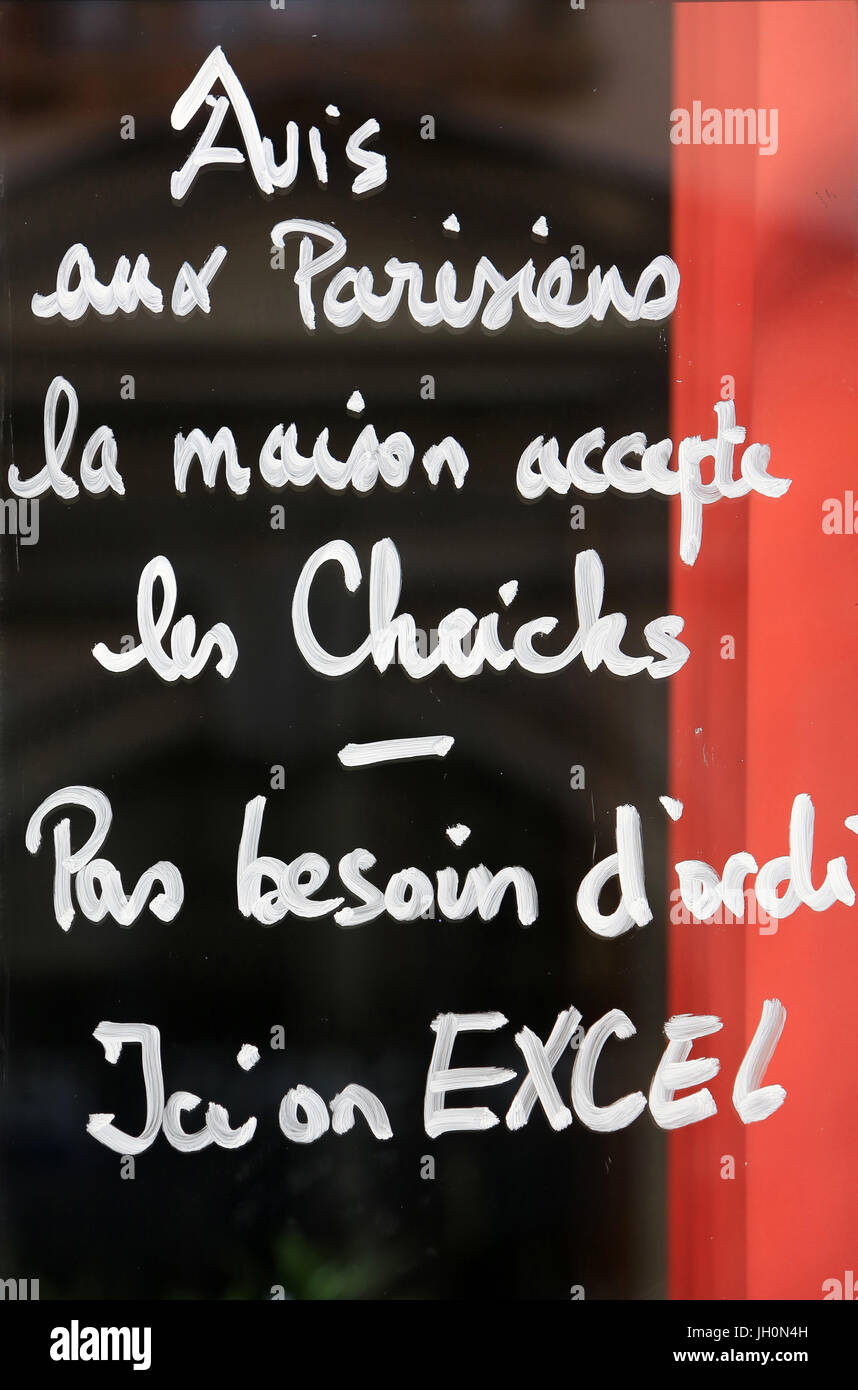 Hinweis für Parisern, das Haus Scheichs akzeptiert. Excel ist kein Computer benötigt. Frankreich. Stockfoto