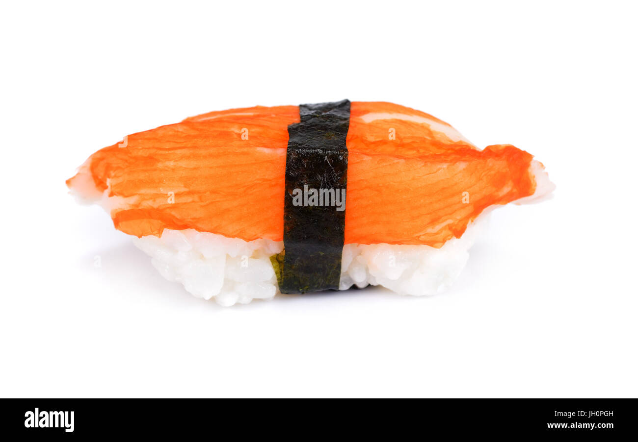 Japanisch, Toro, Lachs oder Lachs Sushi Nigiri isoliert auf, weißem Hintergrund. Japan Sushi Surimi künstliche Krabbe Stockfoto