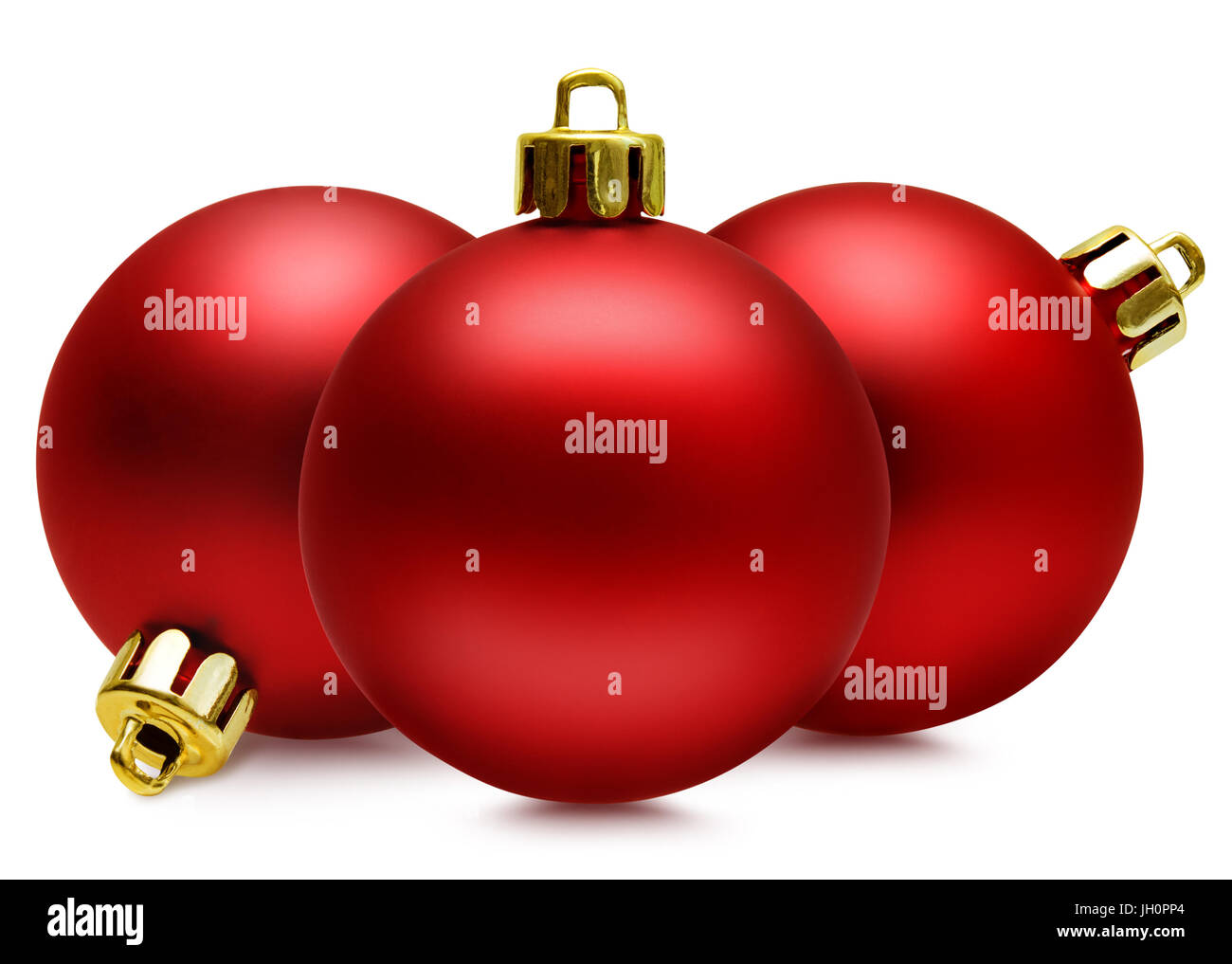 Drei rote Weihnachtskugeln isoliert weiß mit Pfad Stockfoto