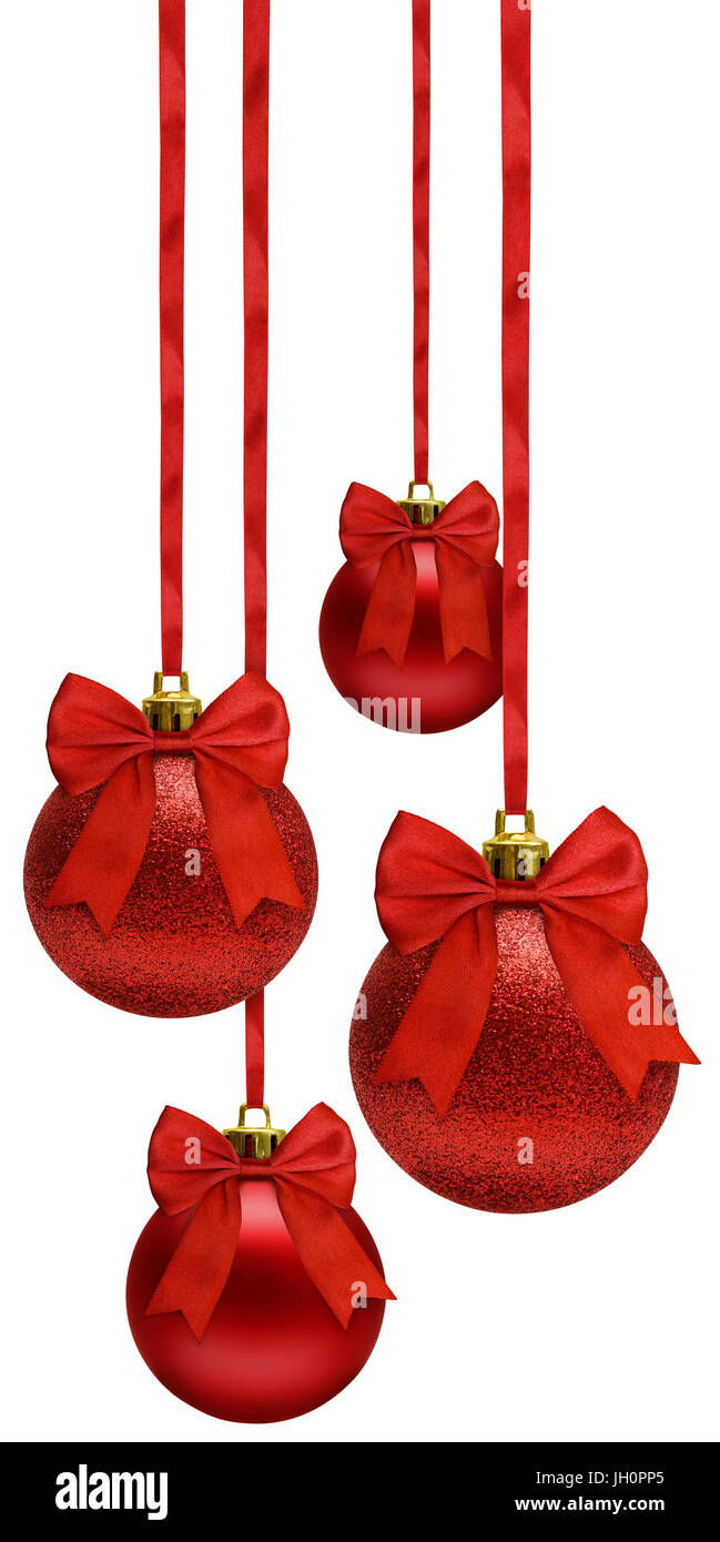 Hintergrund, rote Xmas Weihnachtskugeln hängen Bandbogen, über weiß Stockfoto