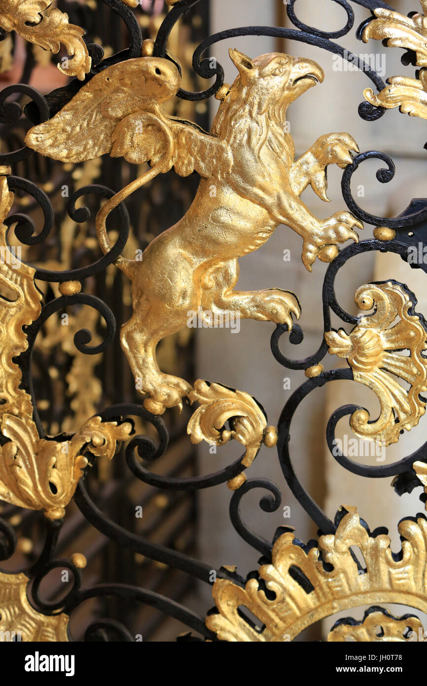 Skulptur eines goldenen Wesens auf einem Gitter. Kathedrale von Lyon. Frankreich. Stockfoto