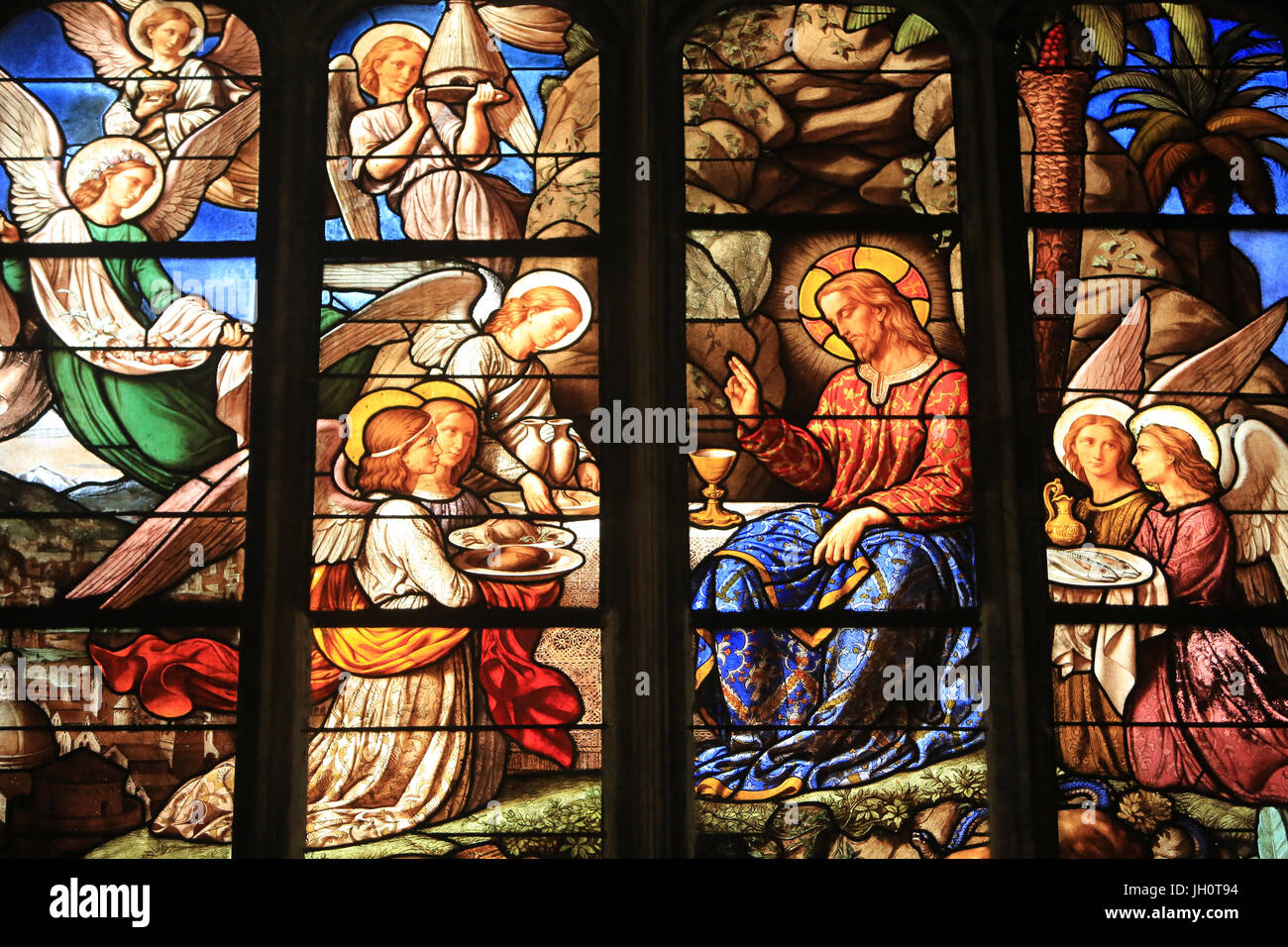 Jesus Christus auf dem Ölberg. Glasmalerei. Saint-Nizier Kirche. Lyon. Frankreich. Stockfoto