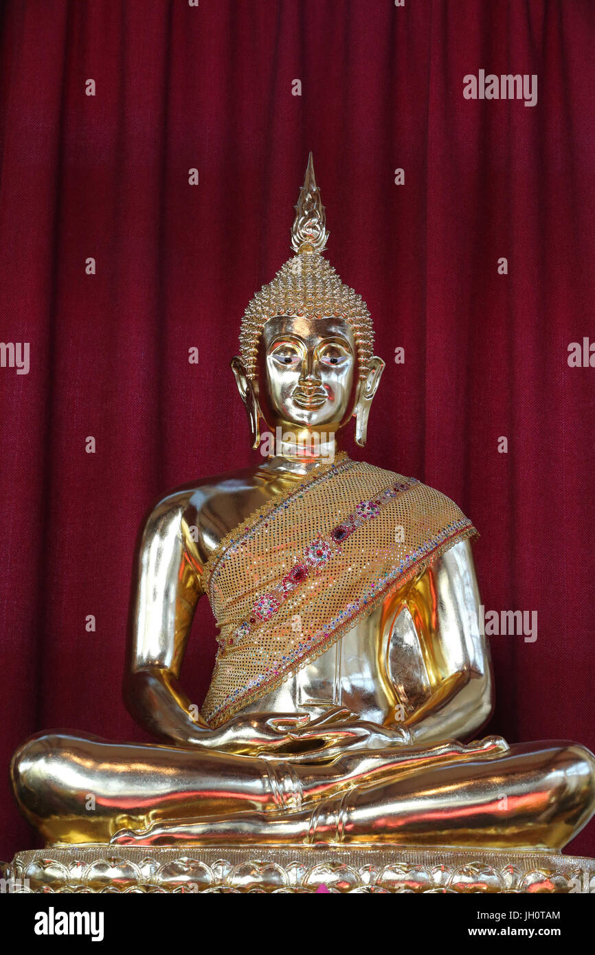 Wat Velouvanaram.   Golden Buddha sitzt mit gekreuzten Beinen in der Haltung der Meditation.  Frankreich. Stockfoto
