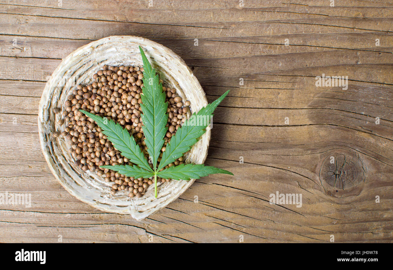 Cannabis-Samen in einer Schüssel auf rustikalen hölzernen Hintergrund Stockfoto