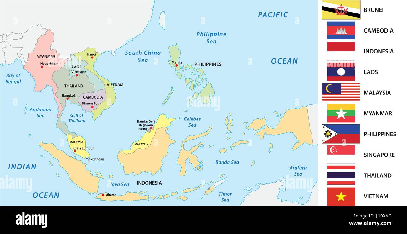 Verband Südostasiatischer Nationen (ASEAN) Karte mit Flaggen Stock Vektor