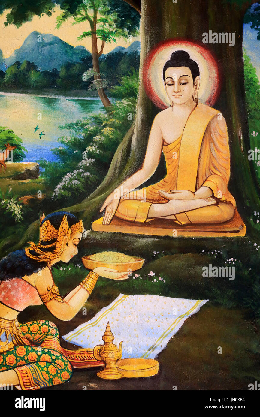 Asketische Buddha bot eine Schüssel Milch-Reis Mahlzeit am Morgen von seiner Erleuchtung Nandabala. Gemälde, die Lebensgeschichte des Shakyamuni Stockfoto