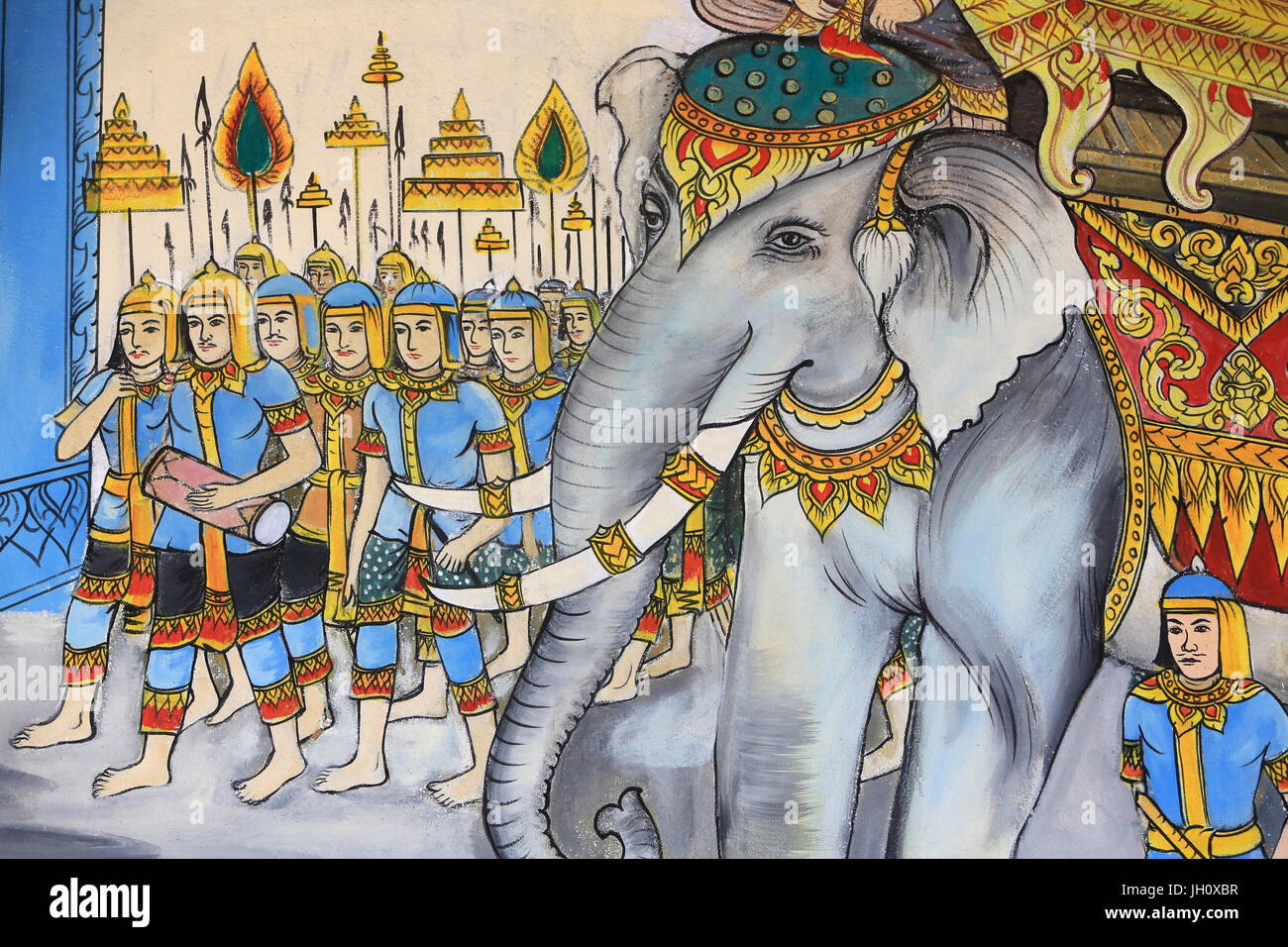 Der Pfad der Erleuchtung. Leben des Buddha. Decke-Kunstwerk, das Leben des Buddha darstellen. Wat Inpeng. Ventiane. Laos. Stockfoto