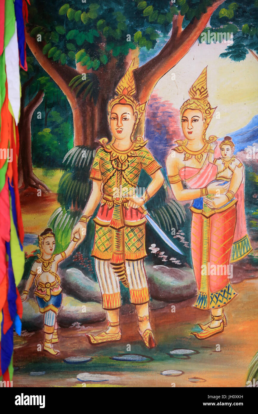 Decke-Kunstwerk, das Leben des Buddha darstellen. Wat Si Sou Mang Karam Tempel. Vieng Vang. Laos. Stockfoto