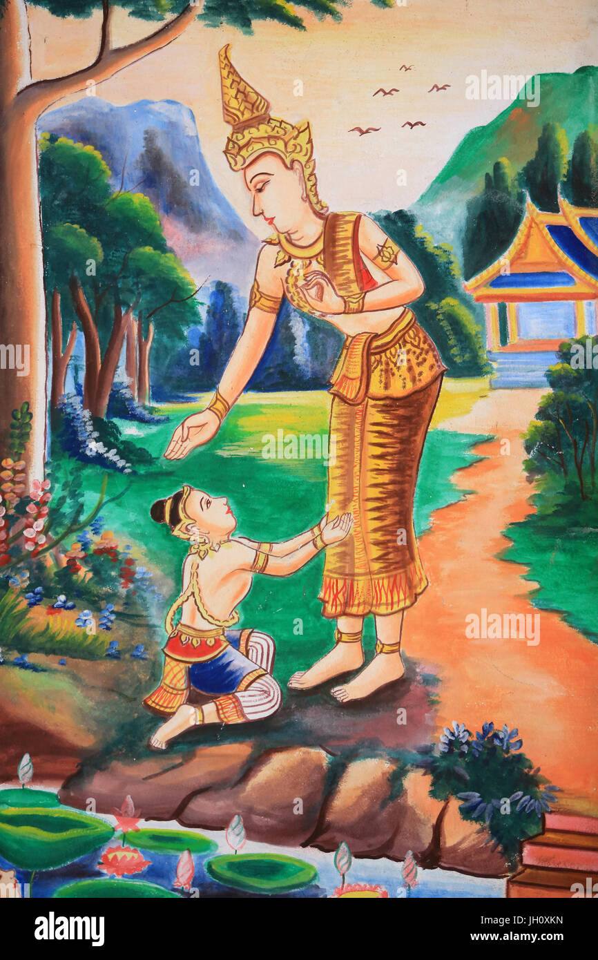 Decke-Kunstwerk, das Leben des Buddha darstellen. Wat Si Sou Mang Karam Tempel. Vieng Vang. Laos. Stockfoto