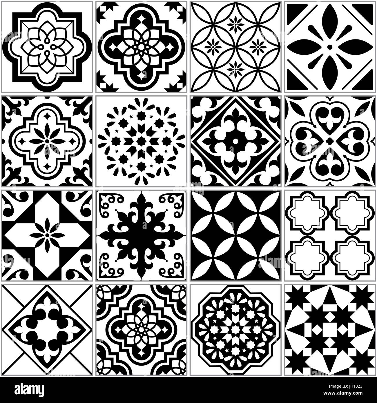 Vektor-Fliesenmuster, Lissabon floralen Mosaik, mediterrane nahtlose schwarz-weiß ornament Stock Vektor
