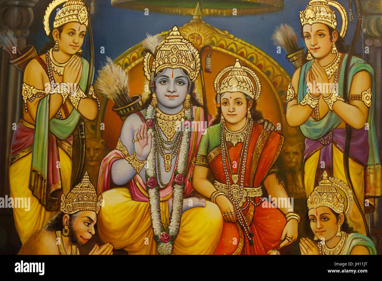 Jalaram Prathna hindu-Tempel, Leicester. Unter freiem Himmel.  RAM, Sita mit Lakshman Ram es Recht und Hanuman kniend und Anhänger Vereinigtes Königreich. Stockfoto