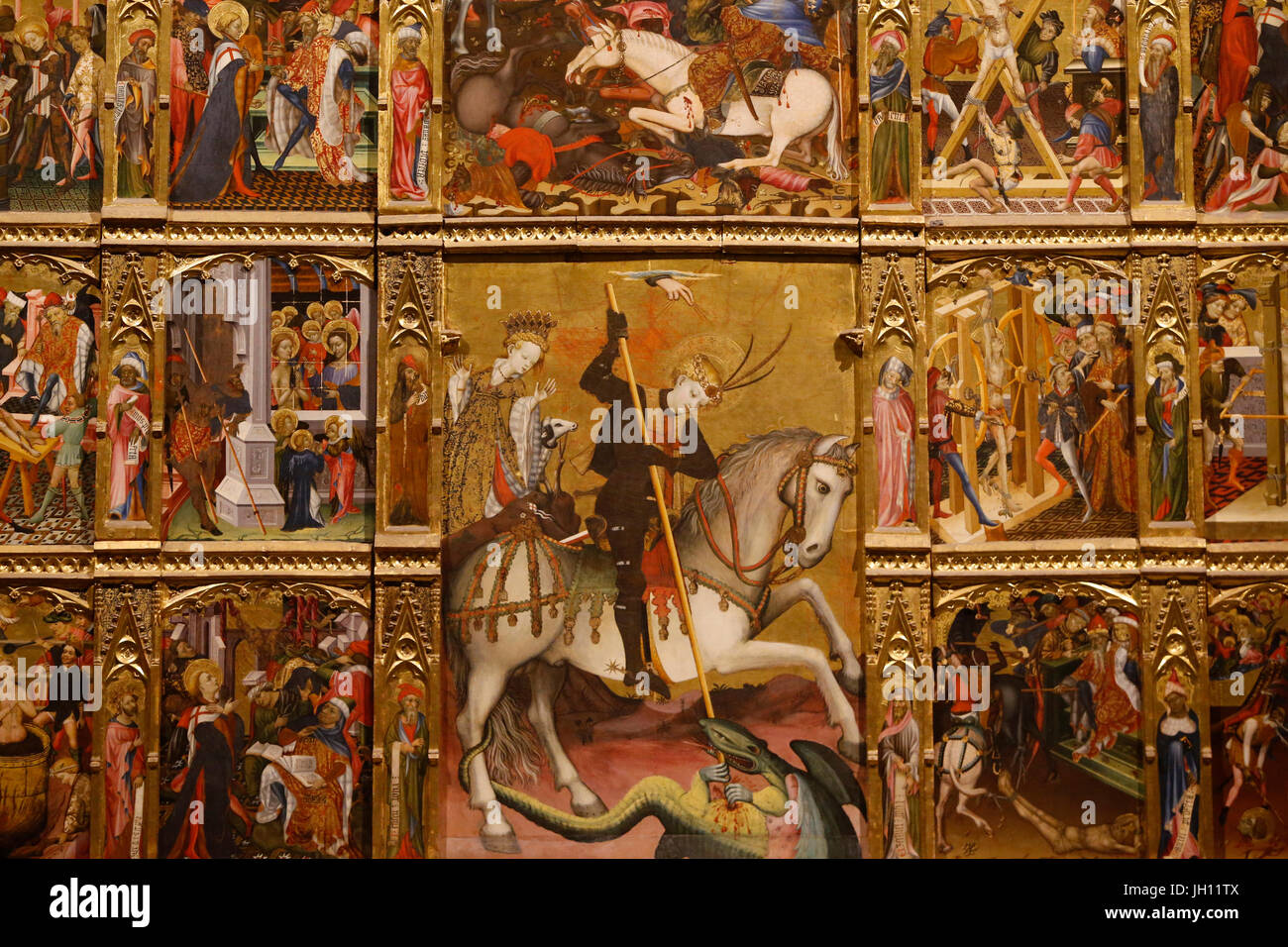 Das Victoria and Albert Museum. Altarbild des Heiligen Georg. Spanien, ca. 1410. Tempera und Vergoldung auf Kiefer. Vereinigtes Königreich. Stockfoto