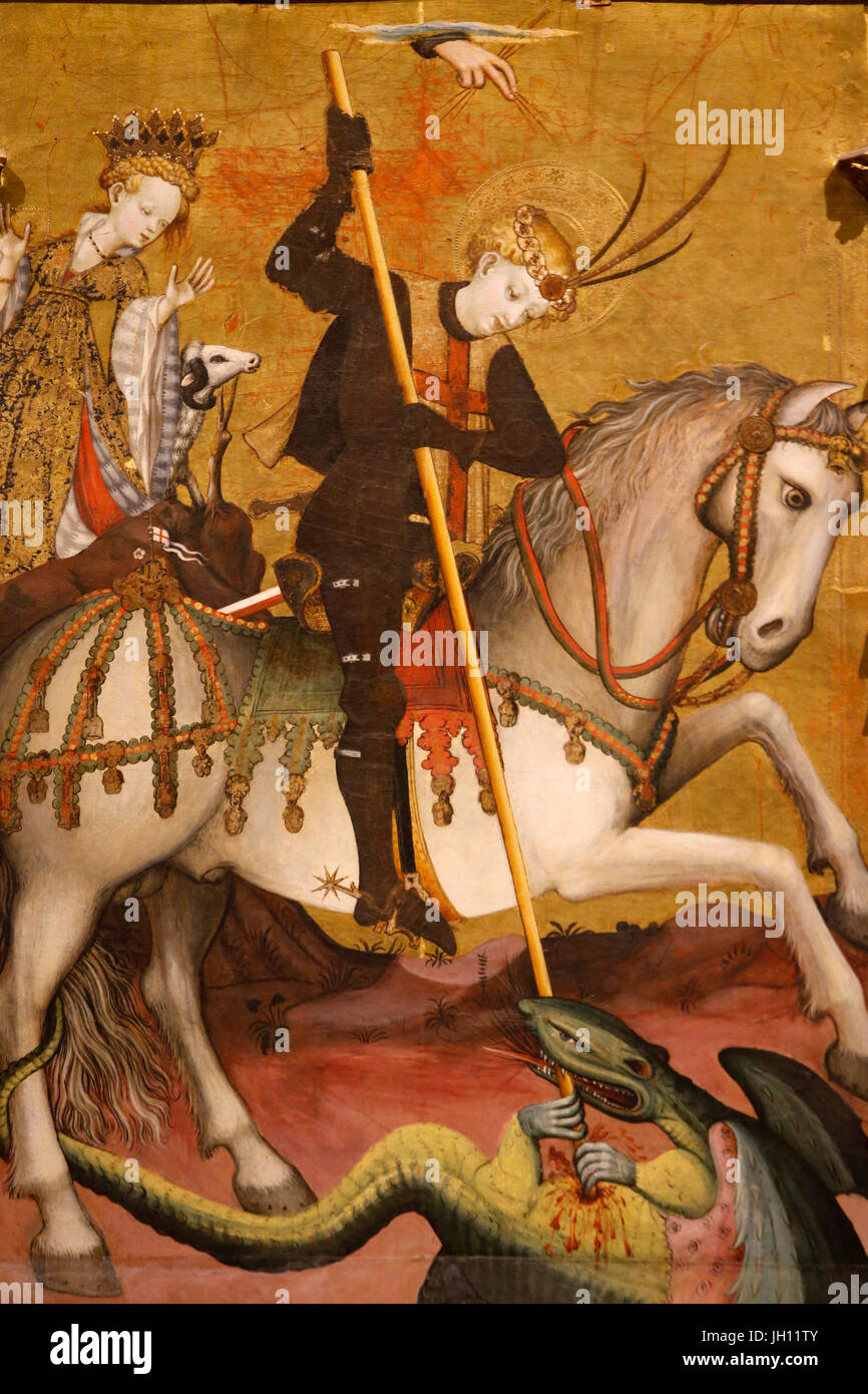 Das Victoria and Albert Museum. Altarbild des Heiligen Georg. Spanien, ca. 1410. Tempera und Vergoldung auf Kiefer. Detail. Vereinigtes Königreich. Stockfoto