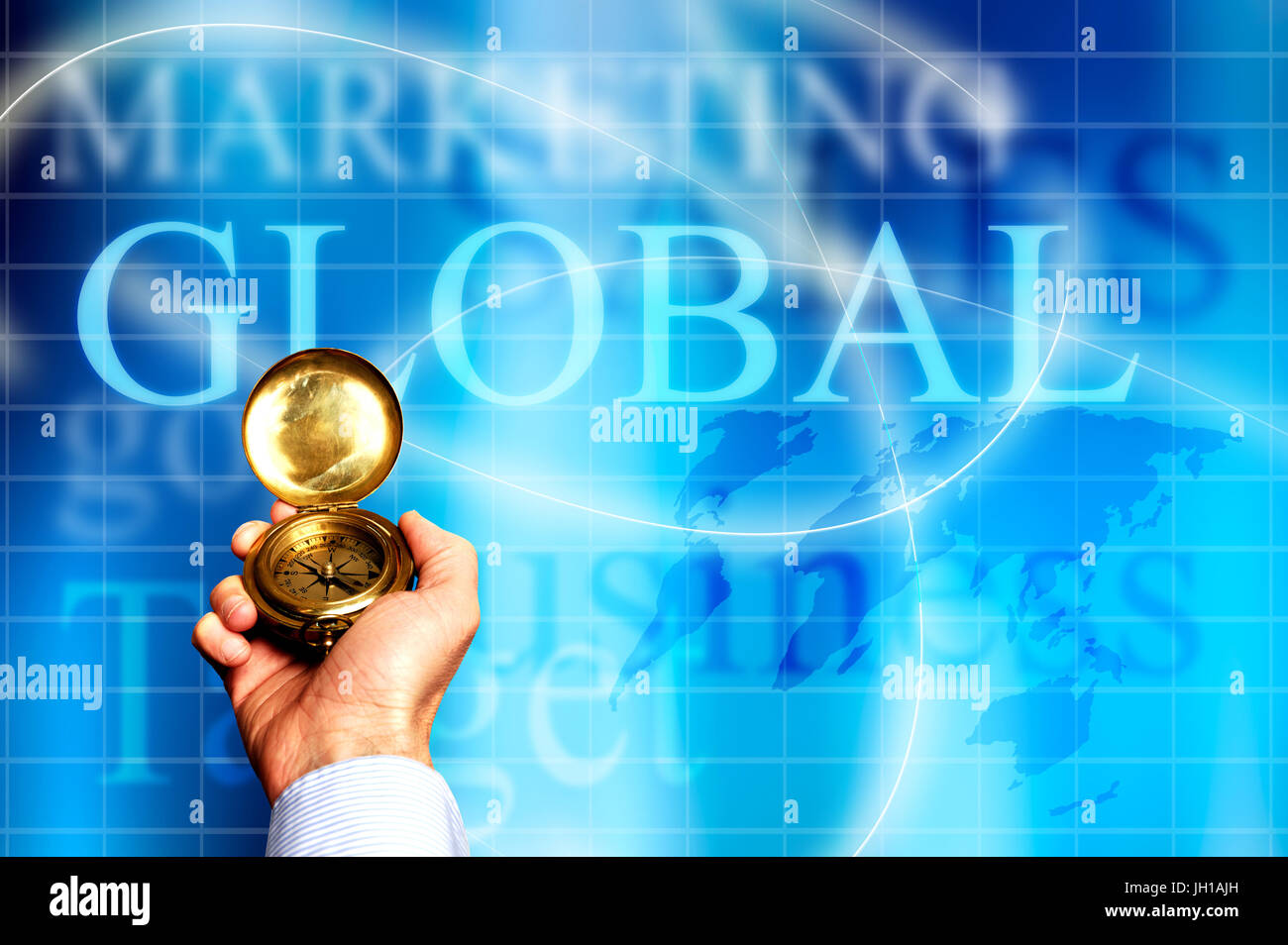 Hand hält einen Kompass, Richtungen, global Markets und Entscheidungen Geschäftskonzept zu zeigen Stockfoto