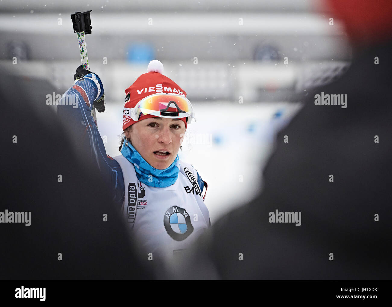 Veronika Vitkova beim Einschießen an IBU Biathlon World Championships Oslo Norwegen 2016 Stockfoto