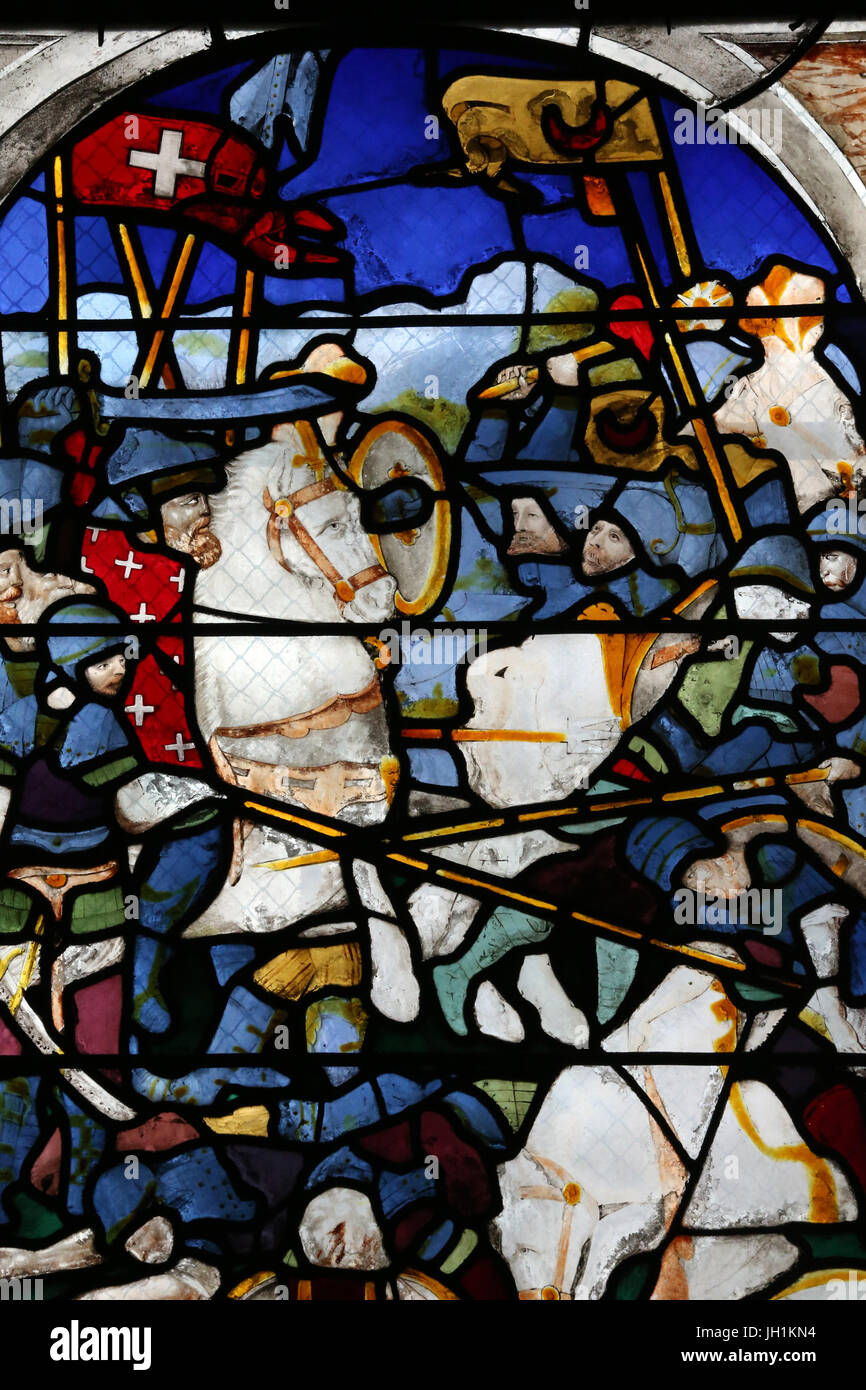 Kathedrale von Moulins. Glasmalerei-Fenster. Kreuzzüge. Godefroy de Bouillon. Moulins. Frankreich. Stockfoto