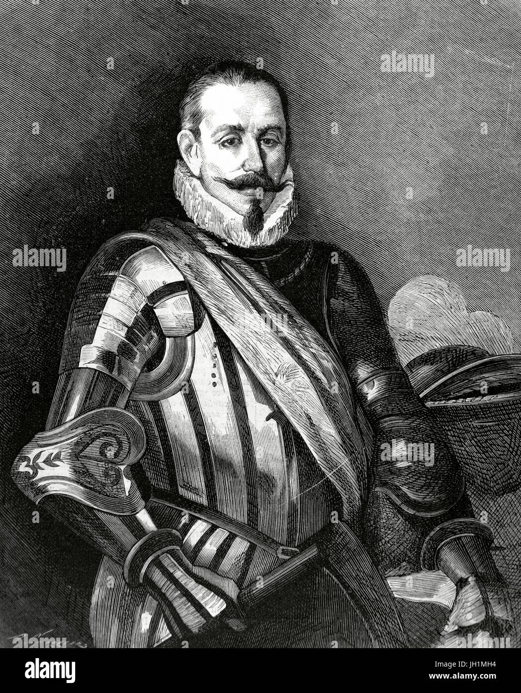 Pedro de Valdivia (1497-1553). Spanische Eroberer. Kupferstich von Arturo Carretero (1852-1903). Der Almanach der Illustration, 1879. Stockfoto