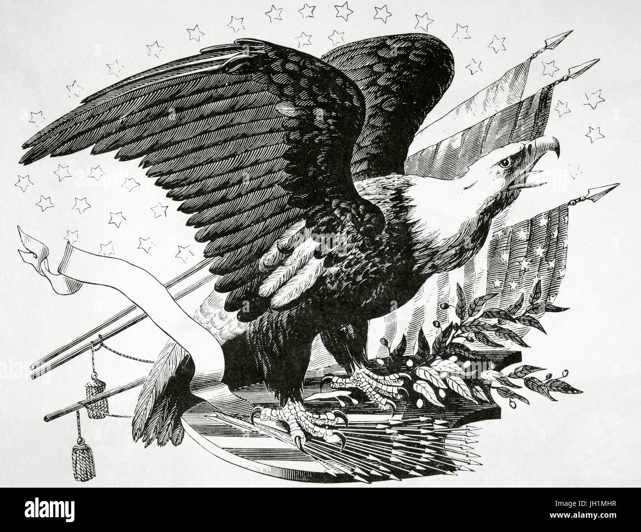 Weißkopf-Seeadler und andere patriotische Symbole des amerikanischen Unabhängigkeitskrieges (1775-1783). Gravur in der amerikanischen Revolution des 19. Jahrhunderts. Stockfoto
