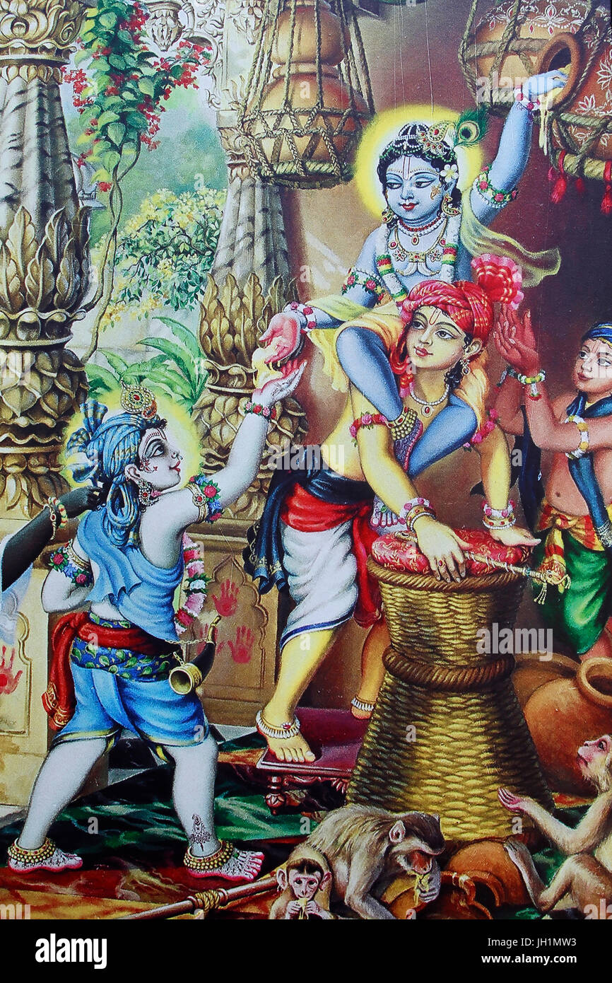 Gemälde, Hindu-Gott Krishnaas ein Kind spielt mit seinen Brüdern. Indien. Stockfoto