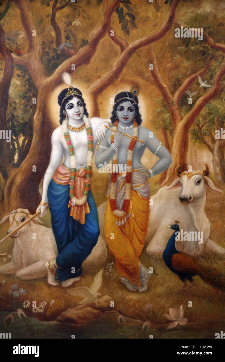 Gemälde, Hindu-Gott Krishna stehend neben seinem Bruder Balaram. Indien. Stockfoto