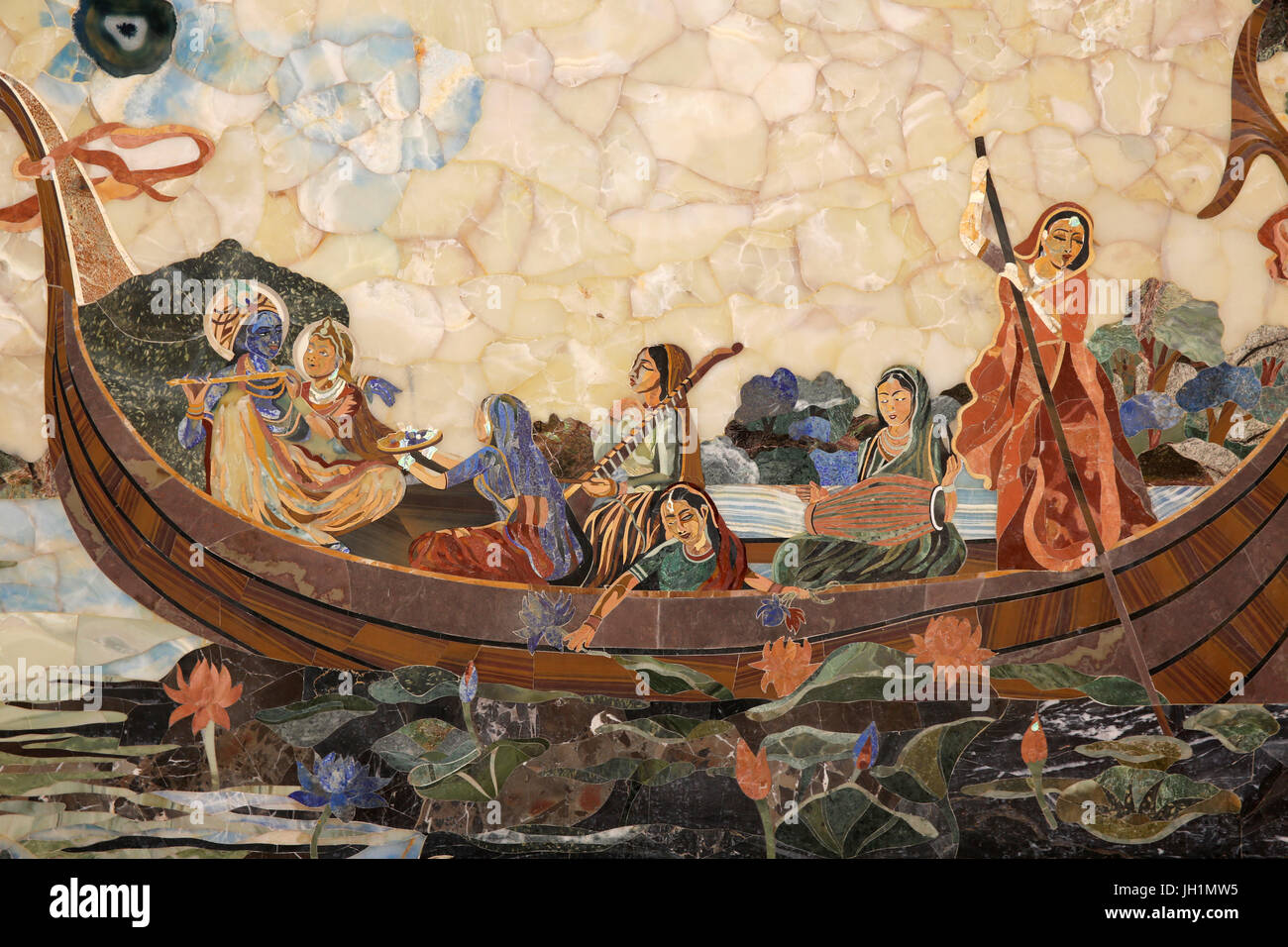 Mosaik-Darstellung der Hindu-Gott Krishna mit den Gopis in einem Boot. Indien. Stockfoto