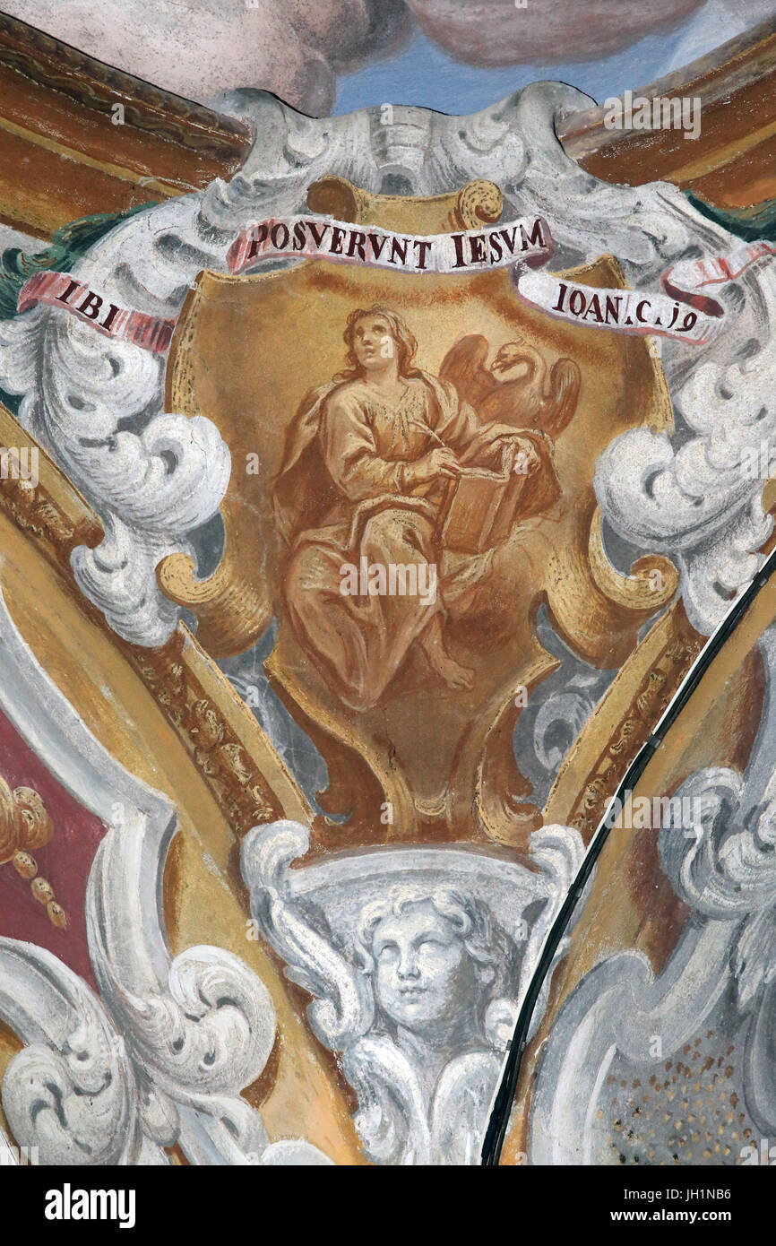 Heiliger Berg von Varallo.  Wandmalerei. Johannes der Evangelist, der Autor des vierten Evangeliums Kontos wird symbolisiert durch einen Adler. Italien. Stockfoto