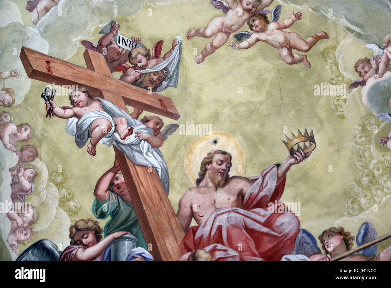 Johannes-Evangelist-Kirche. Wandmalerei von der Auferstehung Jesu.  Italien. Stockfoto