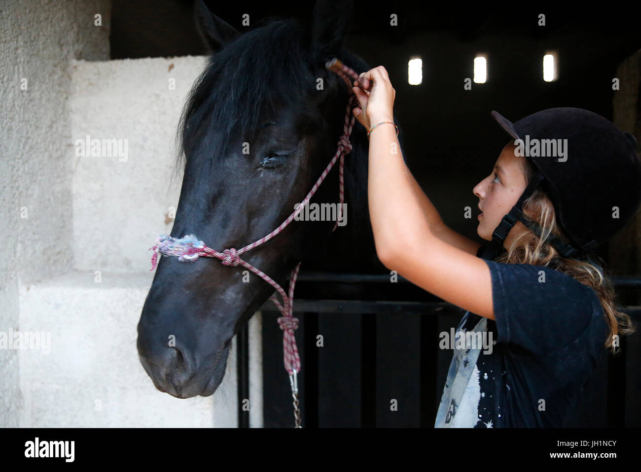 Teenager, die Pflege eines Pferdes. Italien. Stockfoto
