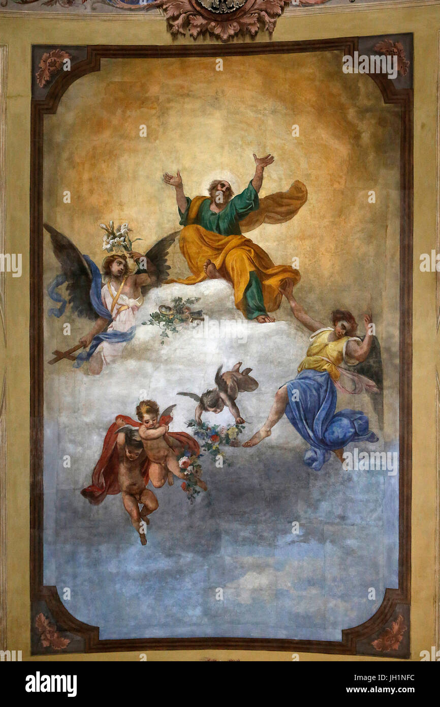 Fresko in der Malerei in Chiesa dei Santi Pietro e Paolo (St. Peter und Paul Kirche), Galatina. Gott im Himmel. Italien. Stockfoto