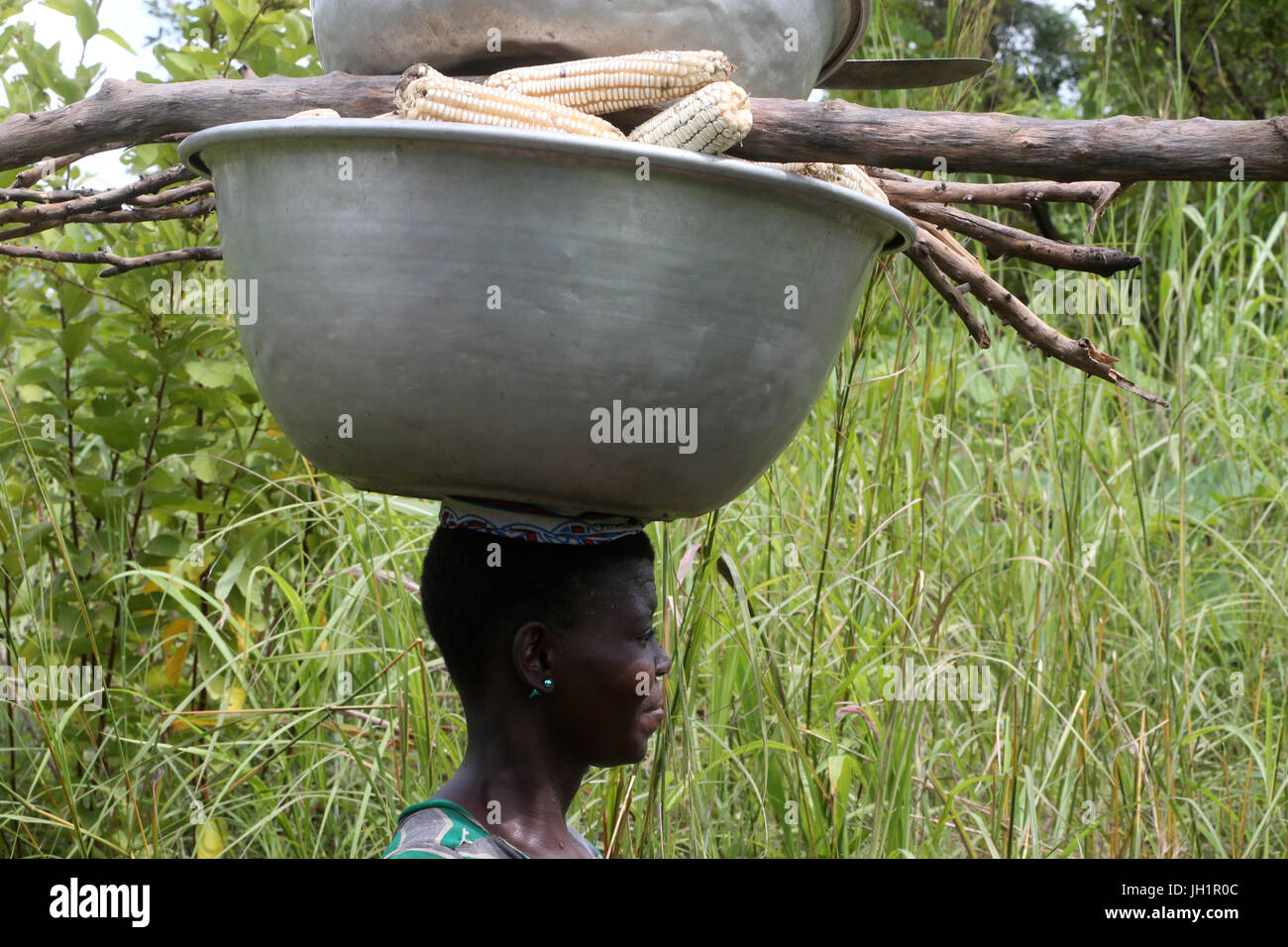 Frau, die die Platte mit Mais auf Kopf. Togo. Stockfoto