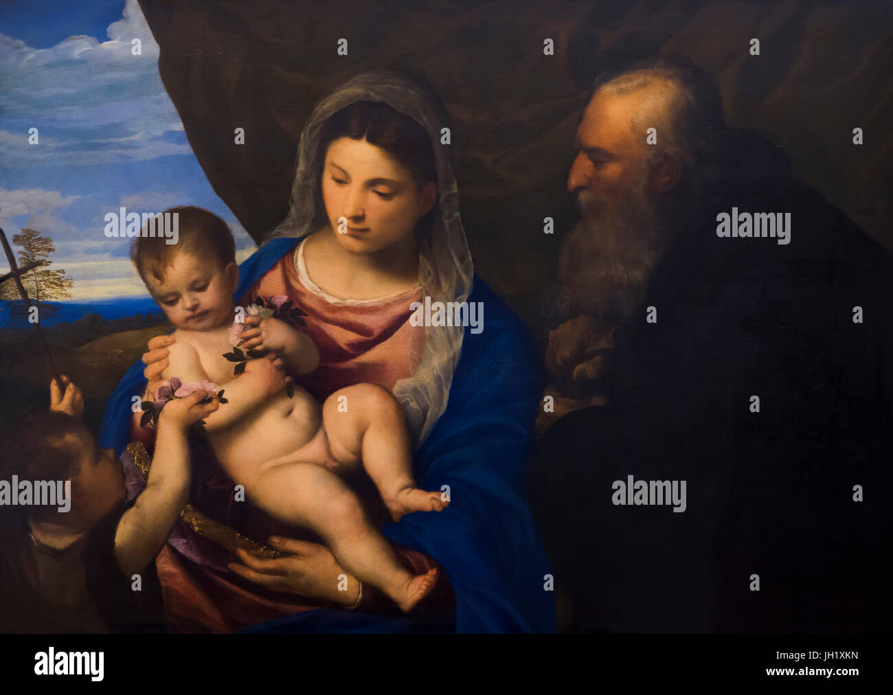 Madonna mit Kind und Säugling St John, Madonna der Rosen, von Tizian, ca. 1530, Uffizien, Florenz, Toskana, Italien, Europa Stockfoto