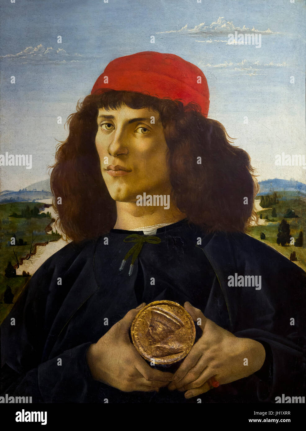 Porträt eines Mannes mit der Medaille von Cosimo de Medici der Ältere, von Sandro Botticelli, circa 1475, Uffizien, Florenz, Toskana, Italien, Europa Stockfoto