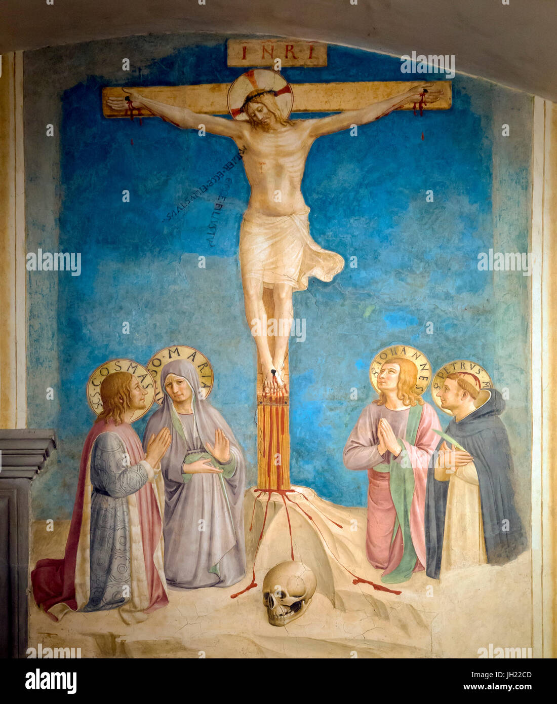 Kreuzigung mit Maria und Heiligen Cosmas, Johannes der Evangelist und Peter Martyr, Zelle 38, von Fra Beato Angelico, 1441-1442, Kloster von San Marco, Stockfoto