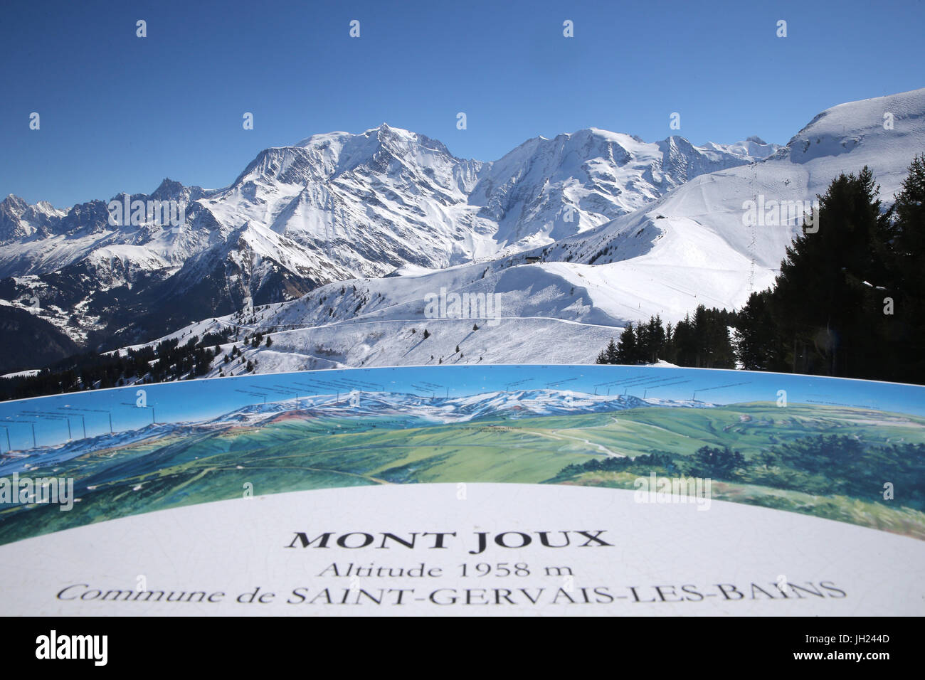 Französische Alpen.  Mont-Blanc-Massiv.  Orientierungstafel. Frankreich. Stockfoto