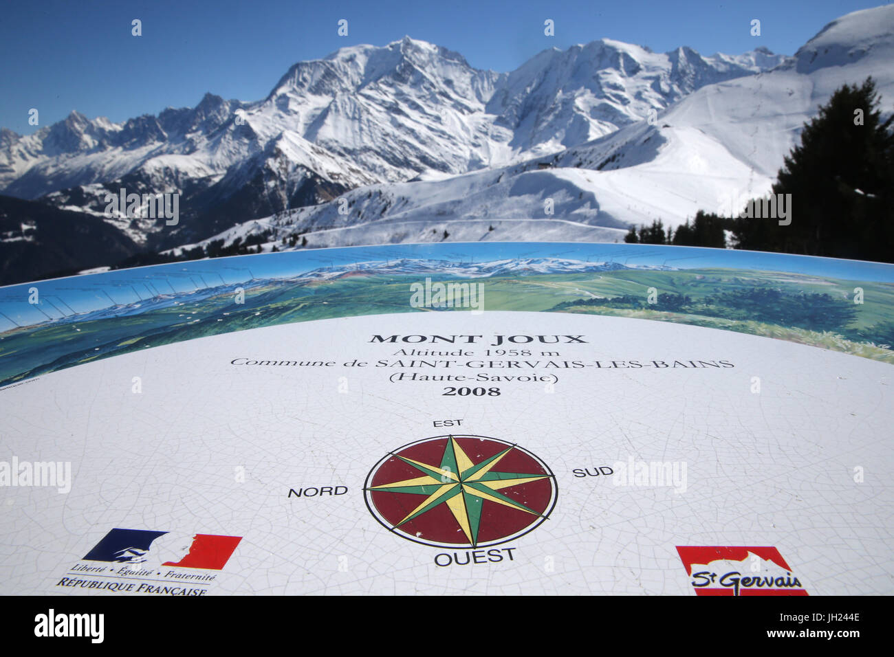 Französische Alpen.  Mont-Blanc-Massiv.  Orientierungstafel. Frankreich. Stockfoto