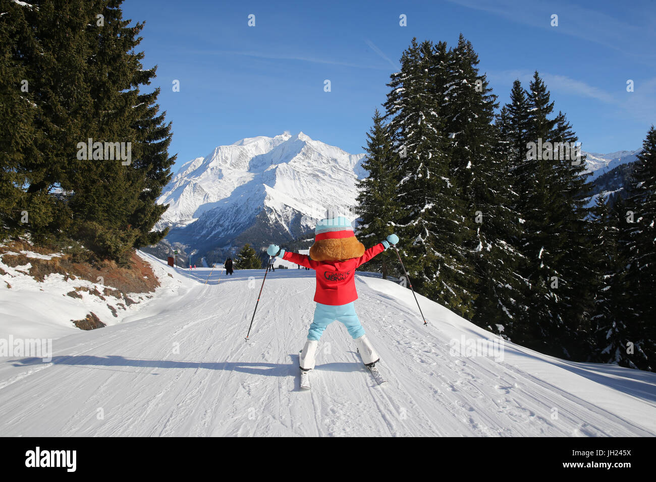 Französische Alpen. Charlotte das Murmeltier: Maskottchen von Saint-Gervais Mont-Blanc.  Das Mont Blanc Massiv, der höchste Berg Europas. Frankreich. Stockfoto