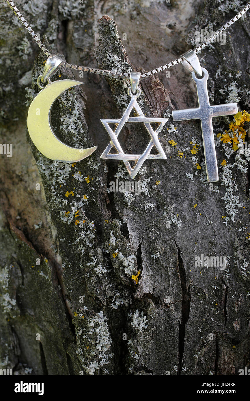 Symbole des Islam, Islam und Christentum. Stockfoto